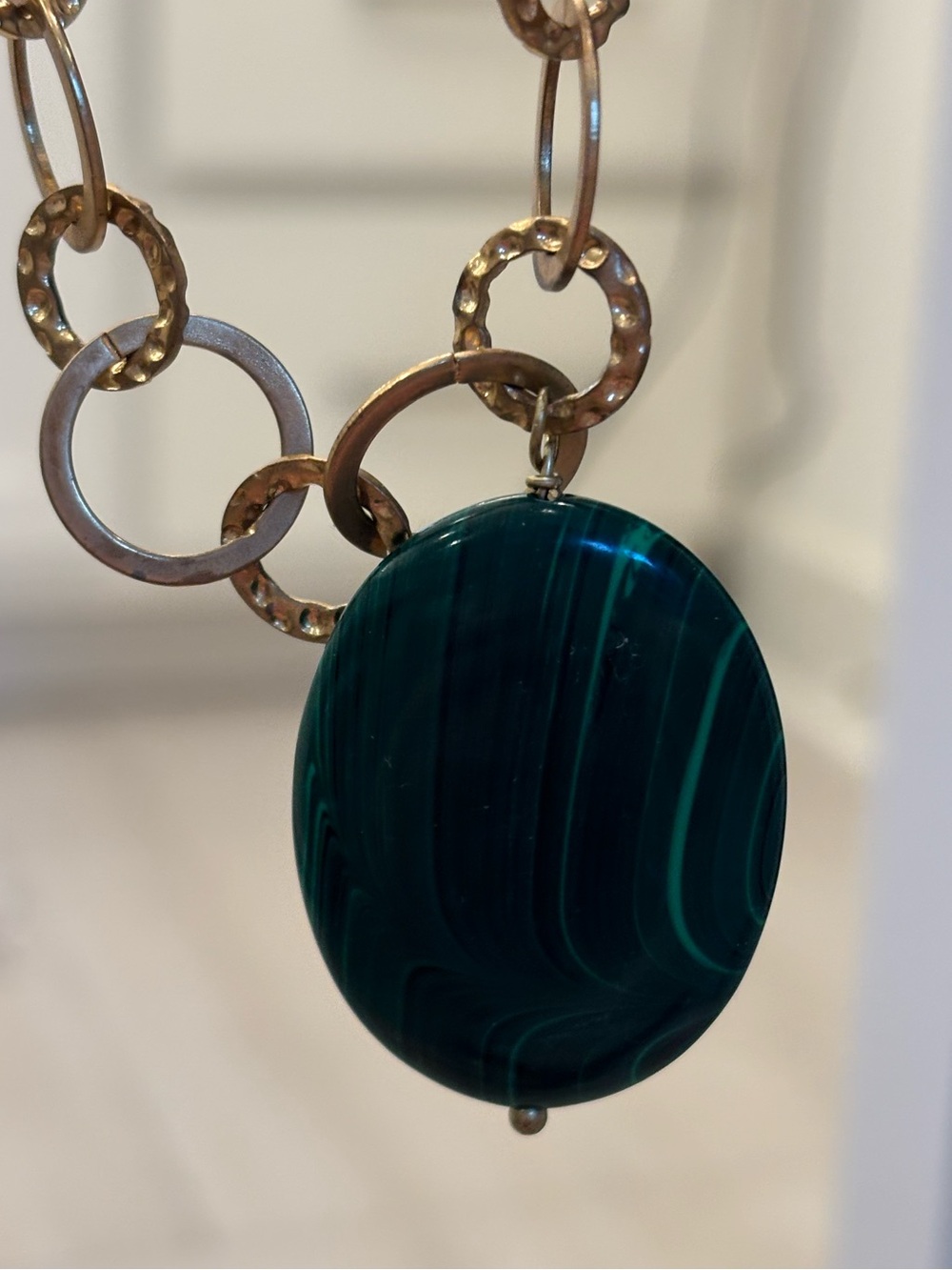 WHBM Gold Link Necklace with Dark Green Stone Pendant